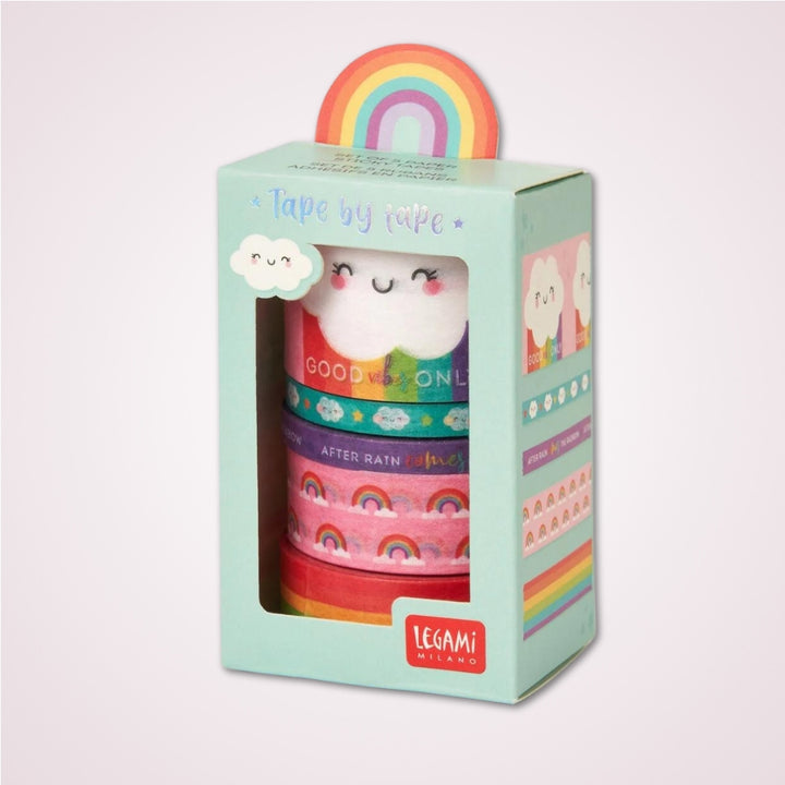 Set de 5 benzi adezive pentru hartie tip washi tape, diverse dimensiuni - Curcubeu - in cutie