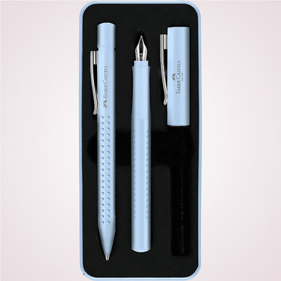 Cadou premium - Set elegant cu pix si stilou bleu ciel in cutie de metal Faber-Castell