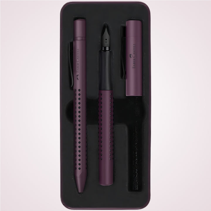 Cadou premium - Set elegant cu pix si stilou mov in cutie de metal Faber-Castell