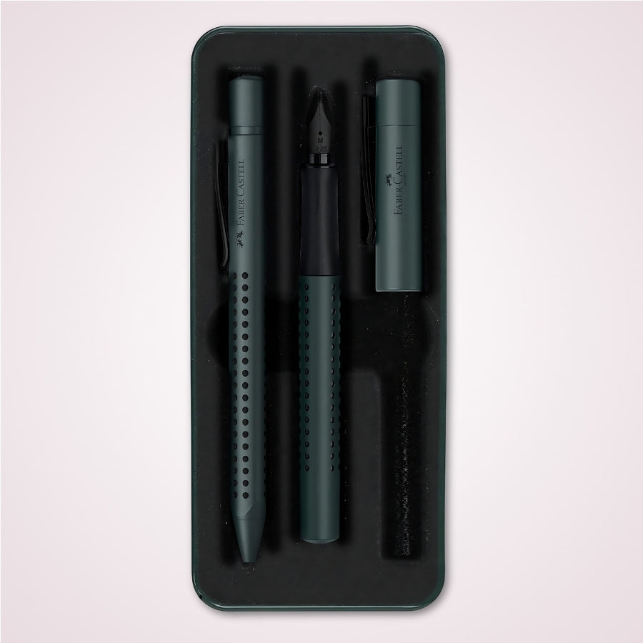 Cadou premium - Set elegant cu pix si stilou verde inchis in cutie de metal Faber-Castell