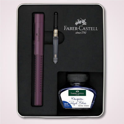 Cadou elegant - Set premium cu stilou mov, convertor si calimara cu cerneala in cutie metalica Faber-Castell - interior