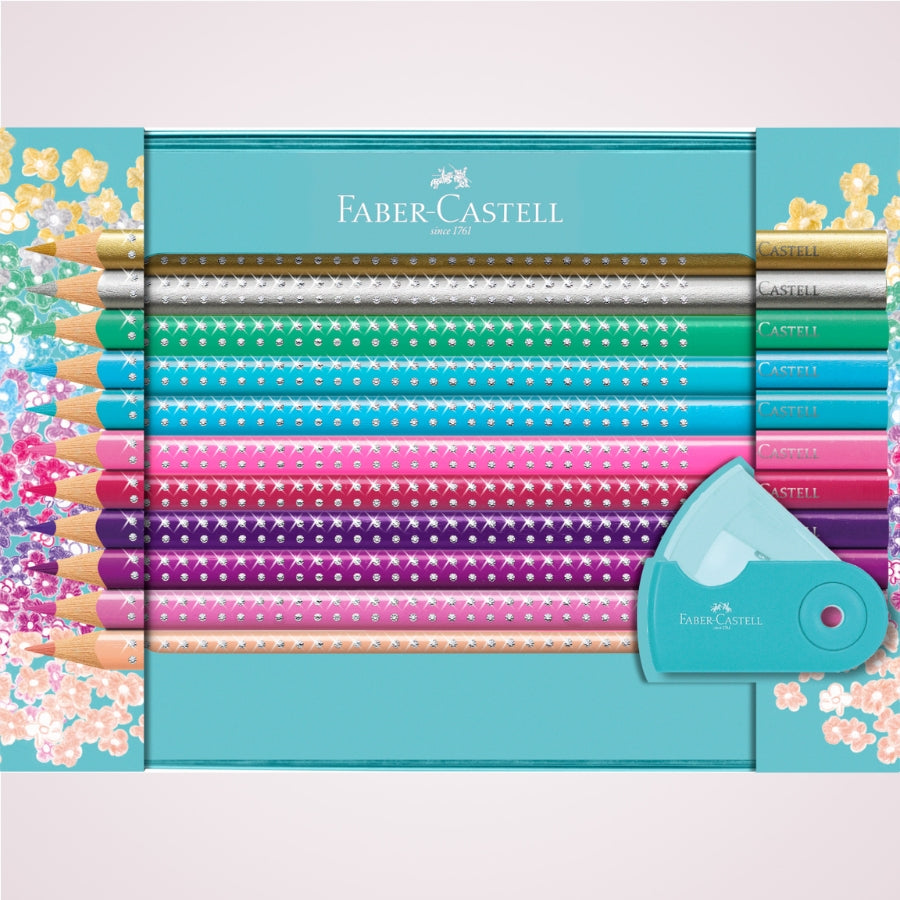 Set cadou cu 20 de creioane colorate sparkle in cutie metalica turcoaz Faber-Castell