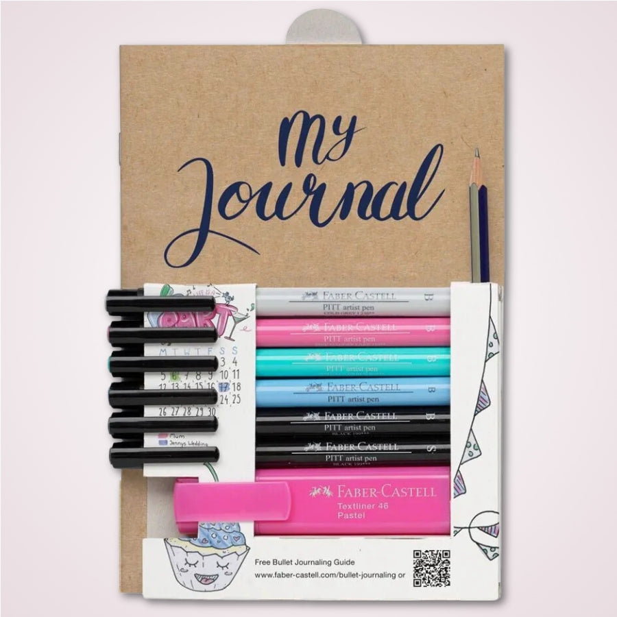 Set cadou pentru incepatori in bullet journaling cu caiet, markere si linere Faber-Castell - prezentare produse