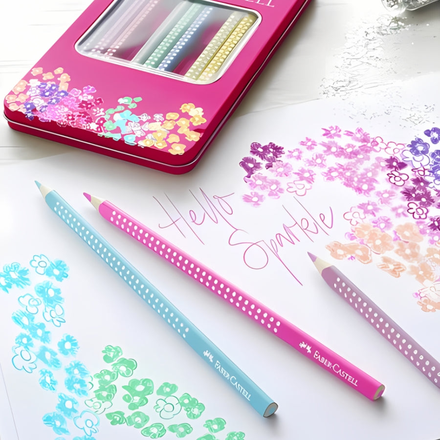 Set cadou cu 12 creioane colorate sparkle in cutie metalica fuchsia Faber-Castell 2