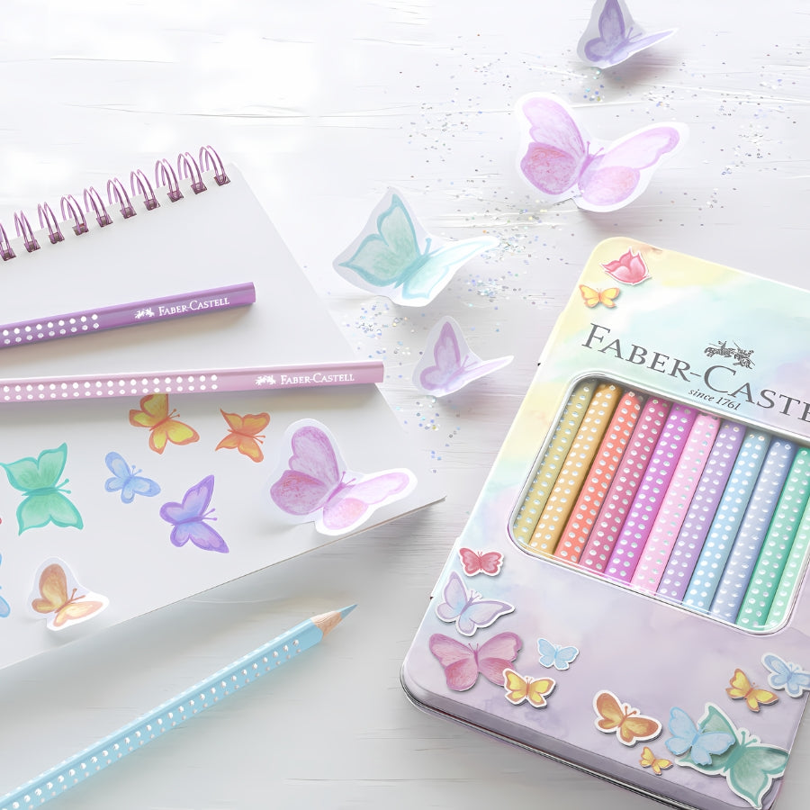 Set cadou cu 12 creioane colorate sparkle in cutie metalica pastel cu fluturi Faber-Castell 2