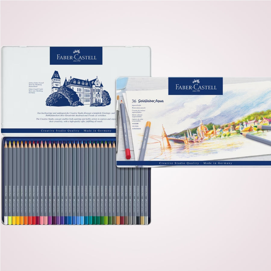 Set cadou cu 36 creioane colorate solubile in apa cu efect de acuarela in cutie metalica Faber-Castell