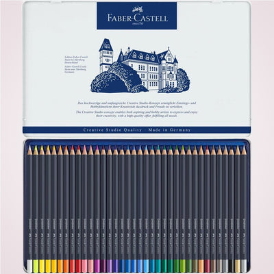 Set cadou cu 36 creioane colorate solubile in apa cu efect de acuarela in cutie metalica Faber-Castell - in cutie deschisa