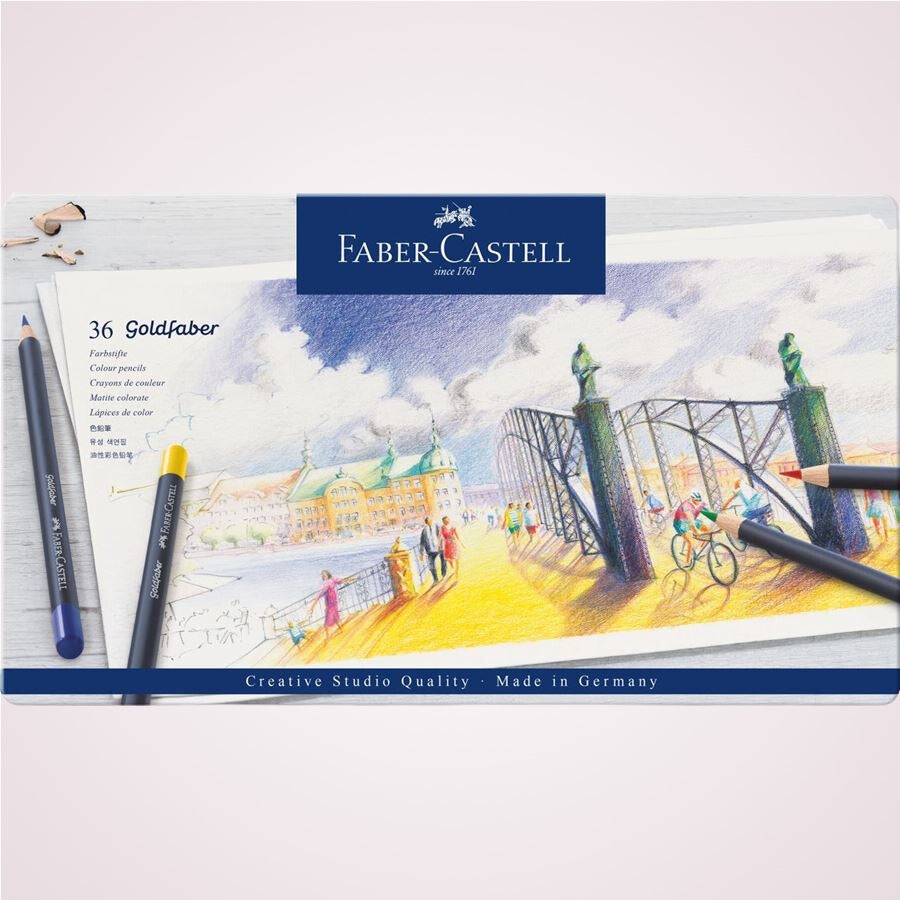 Set cadou cu 36 creioane colorate solubile in apa cu efect de acuarela in cutie metalica Faber-Castell - cutia