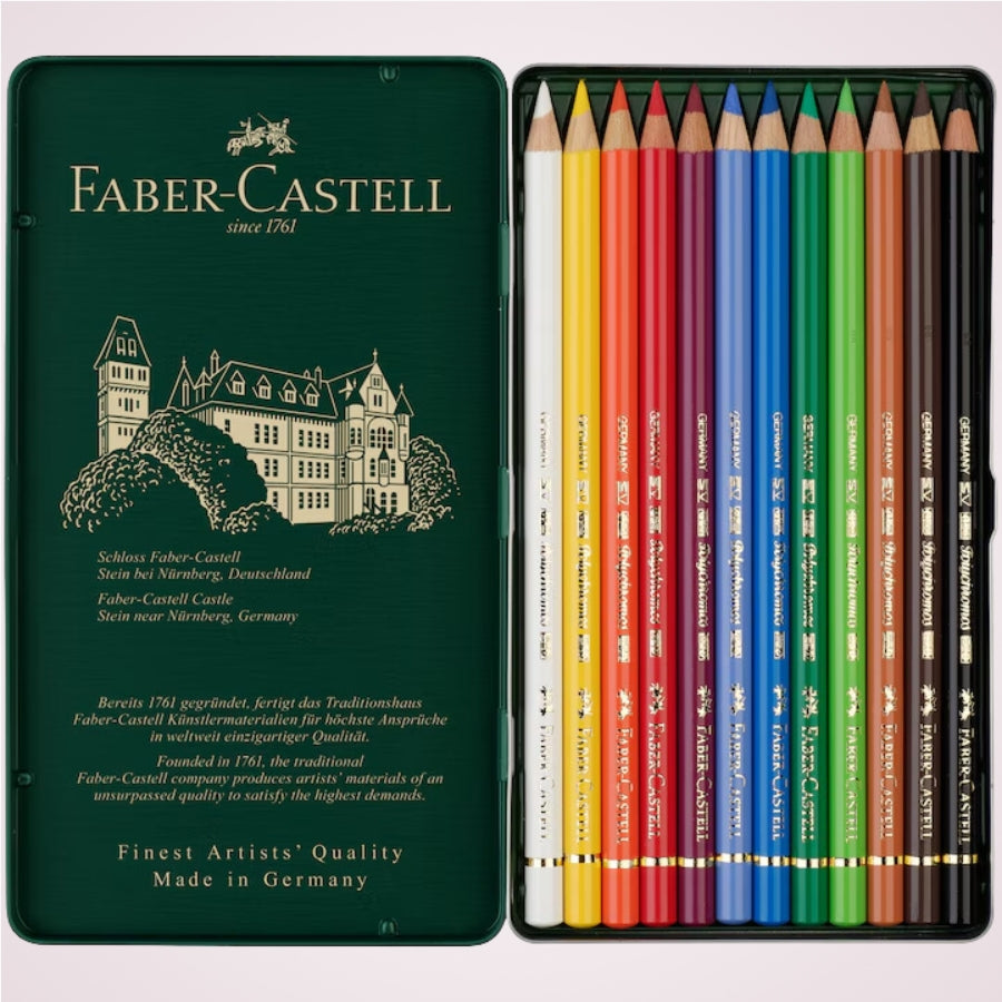 cutie din metal Set cadou cu 12 creioane colorate pentru artisti Polychromos Faber-Castell