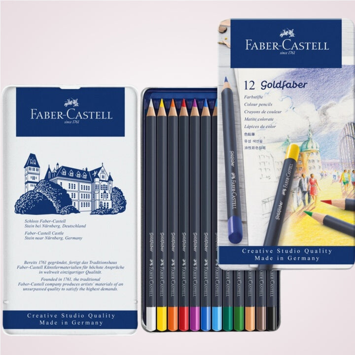 Set cu 12 creioane colorate permanente Goldfaber in cutie de metal Faber-Castell 1