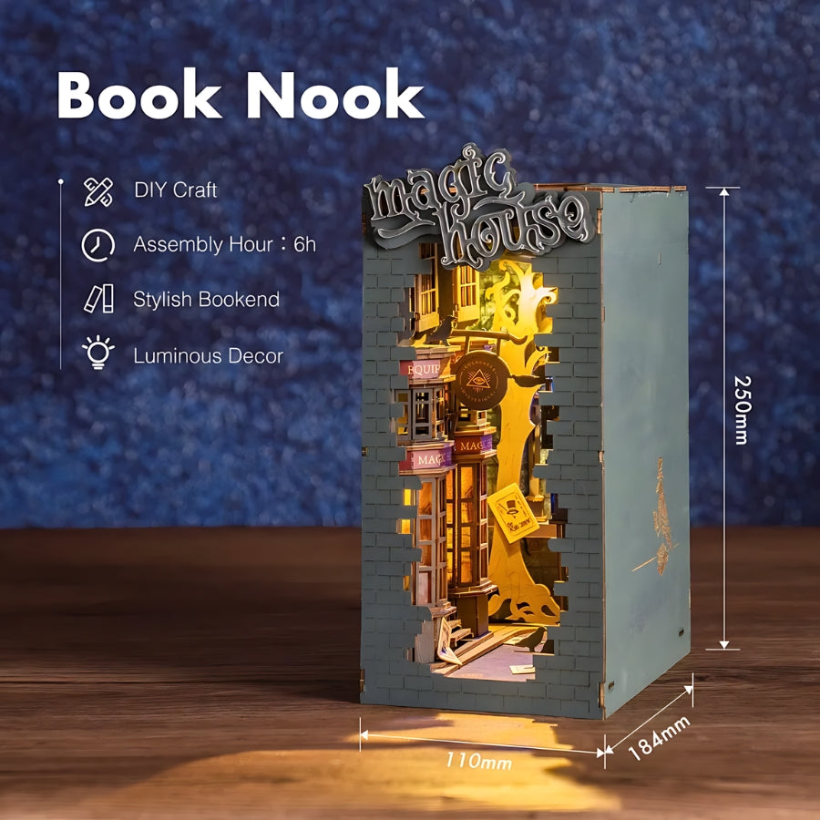 Puzzle 3D din lemn cotor de carte book nook - Magic House - detalii tehnice