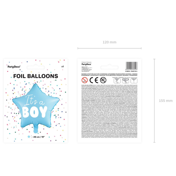 Balon albastru in forma de stea pentru baby shower / gender reveal - It's a boy - in ambalaj