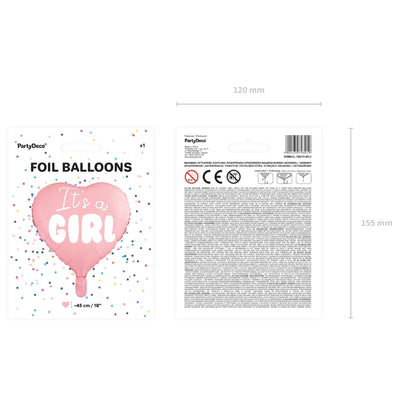 Balon roz in forma de inima pentru baby shower / gender reveal - It's a girl - in ambalaj