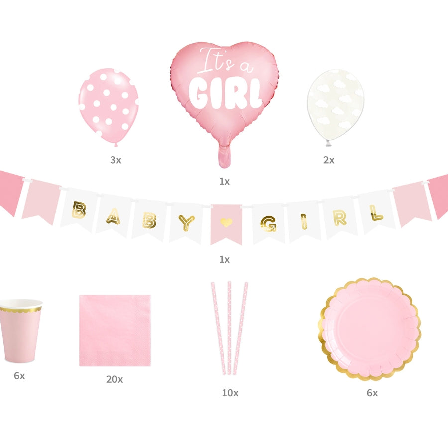 continut Set 49 accesorii pentru petrecere baby shower fetita - It's a girl