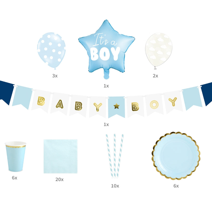 continut Set 49 accesorii pentru petrecere baby shower baietel - It's a boy