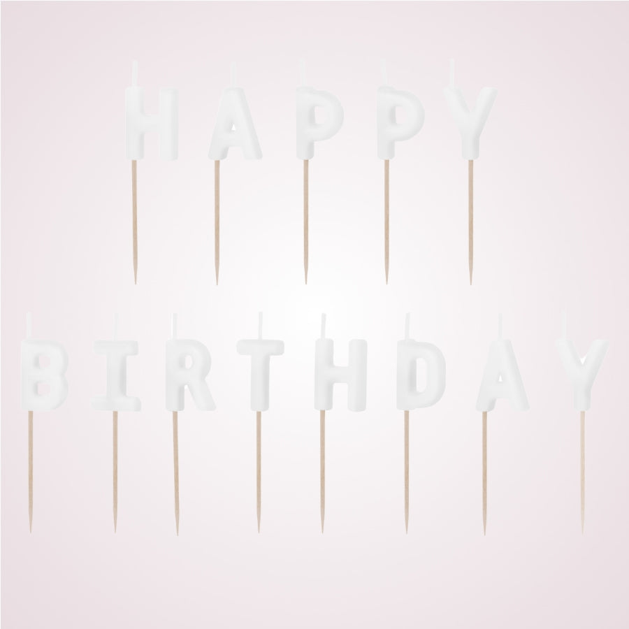 Set lumanari albe pentru tort aniversar, in forma de litere - Happy birthday