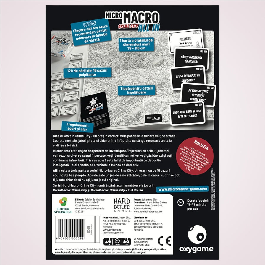 verso cutie Cadou pentru copii peste 12 ani. Joc cooperativ de investigare - MicroMacro Crime City All In, limba romana